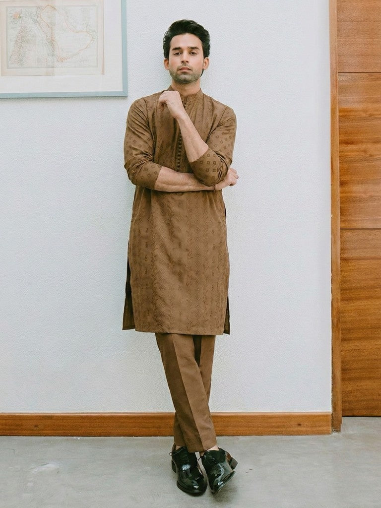 Camel Unstitched Chickenkari Kurta Trouser for Men