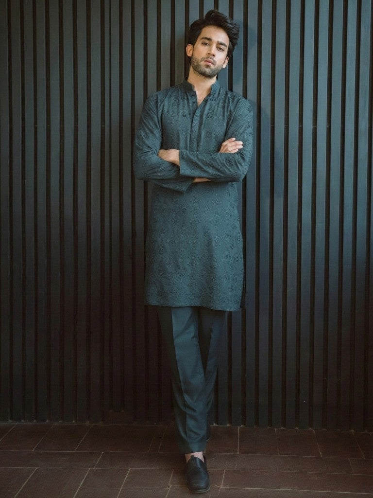 Navy Blue Unstitched Chickenkari Kurta Trouser for Men