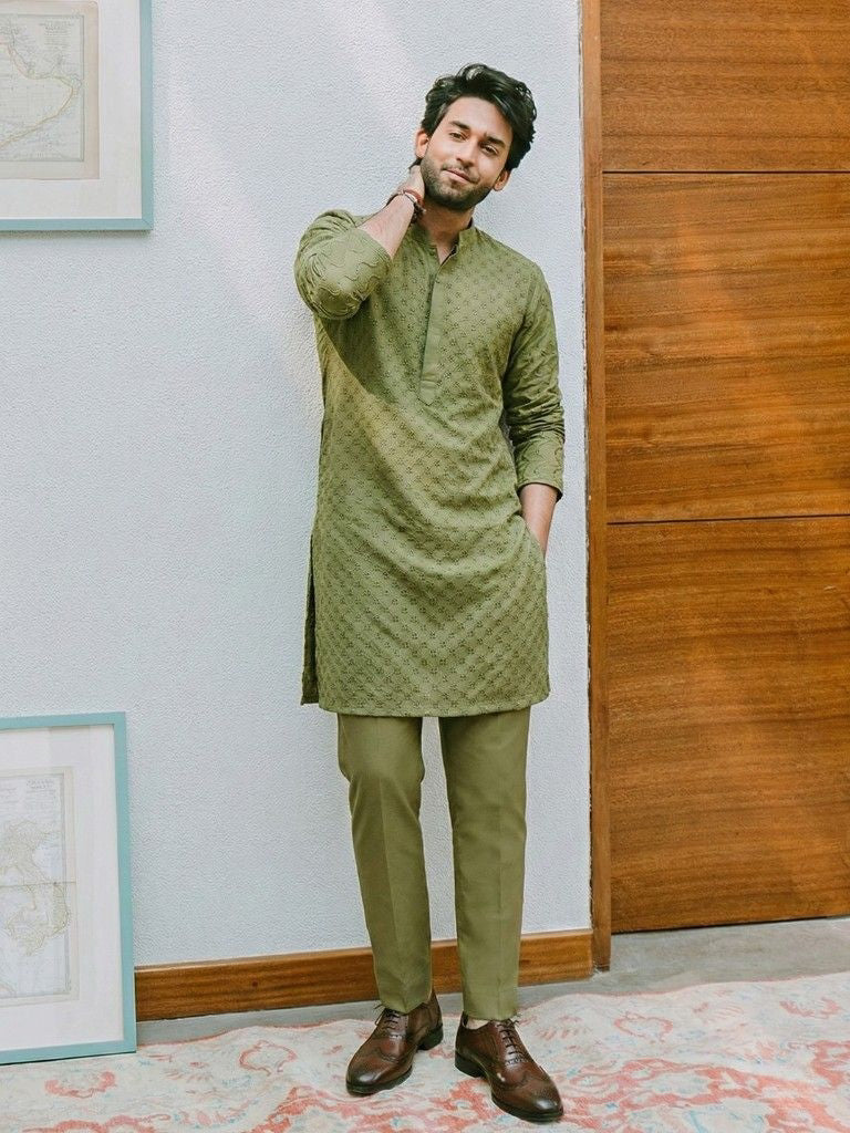 Pear Green Unstitched Chickenkari Kurta Trouser for Men