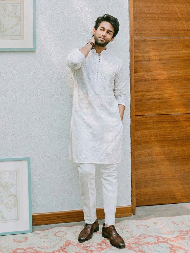 White Unstitched Chickenkari Kurta Trouser for Men