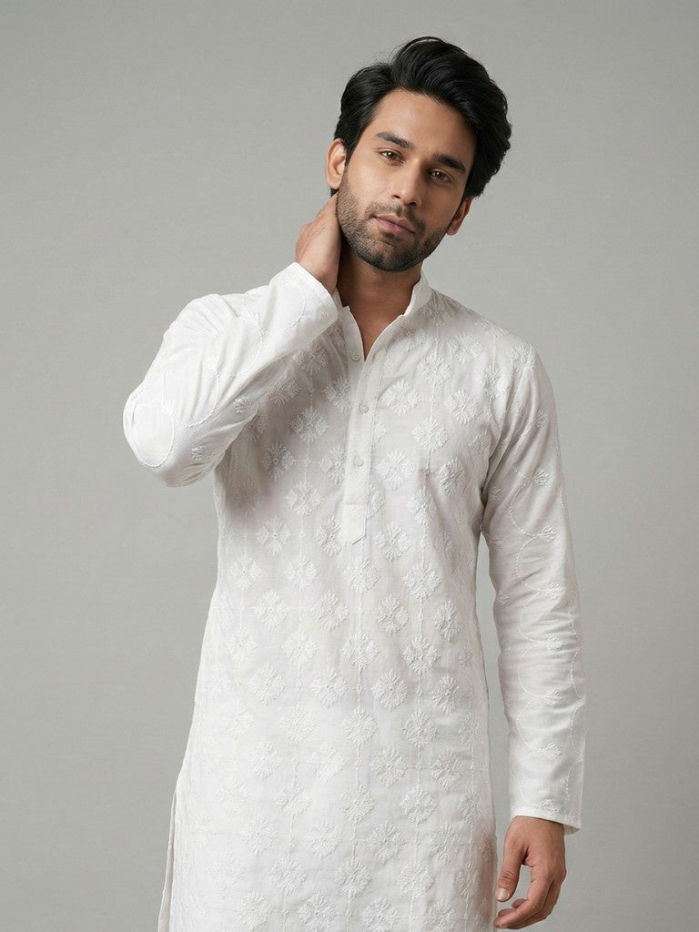 White Unstitched Chickenkari Kurta Trouser for Men