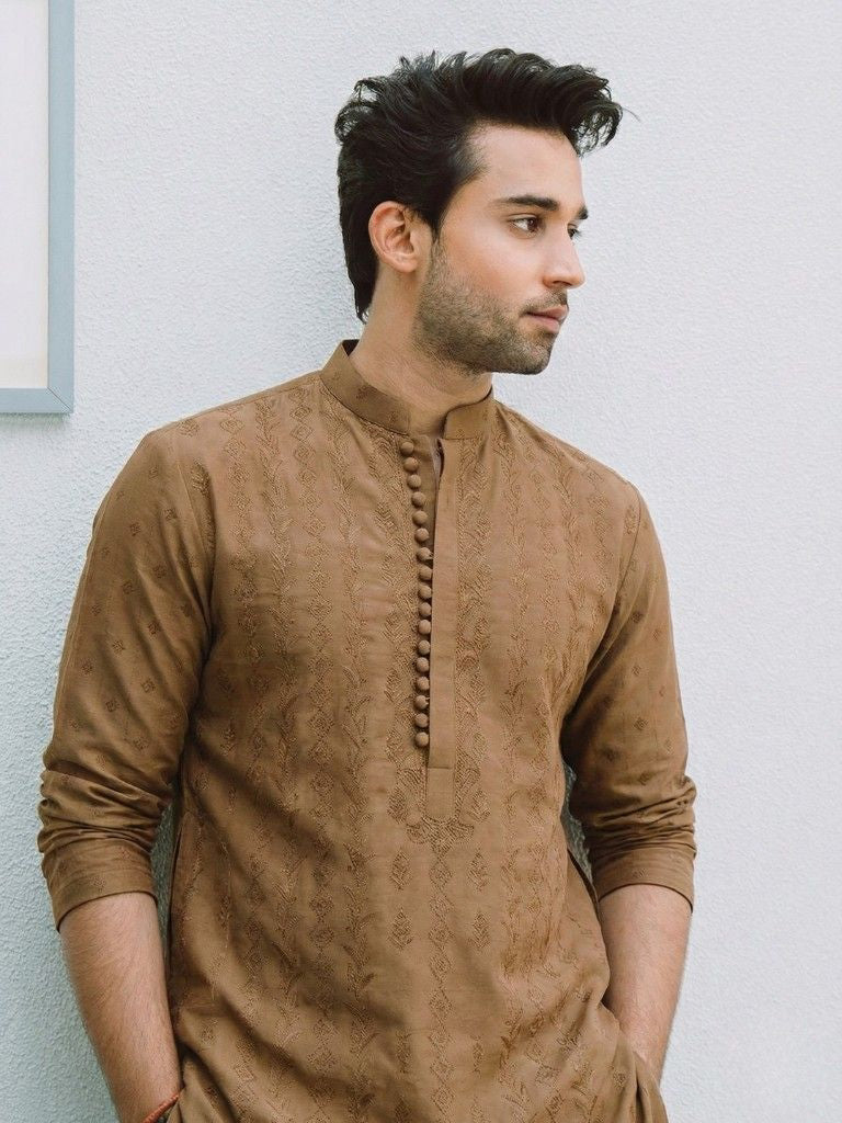 Camel Unstitched Chickenkari Kurta Trouser for Men