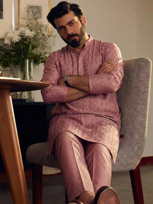 Dusty Purple Unstitched Chickenkari Kurta Trouser for Men