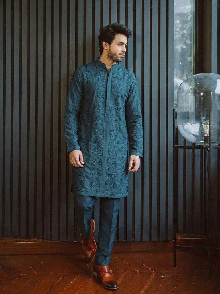 Navy Blue Unstitched Chickenkari Kurta Trouser for Men