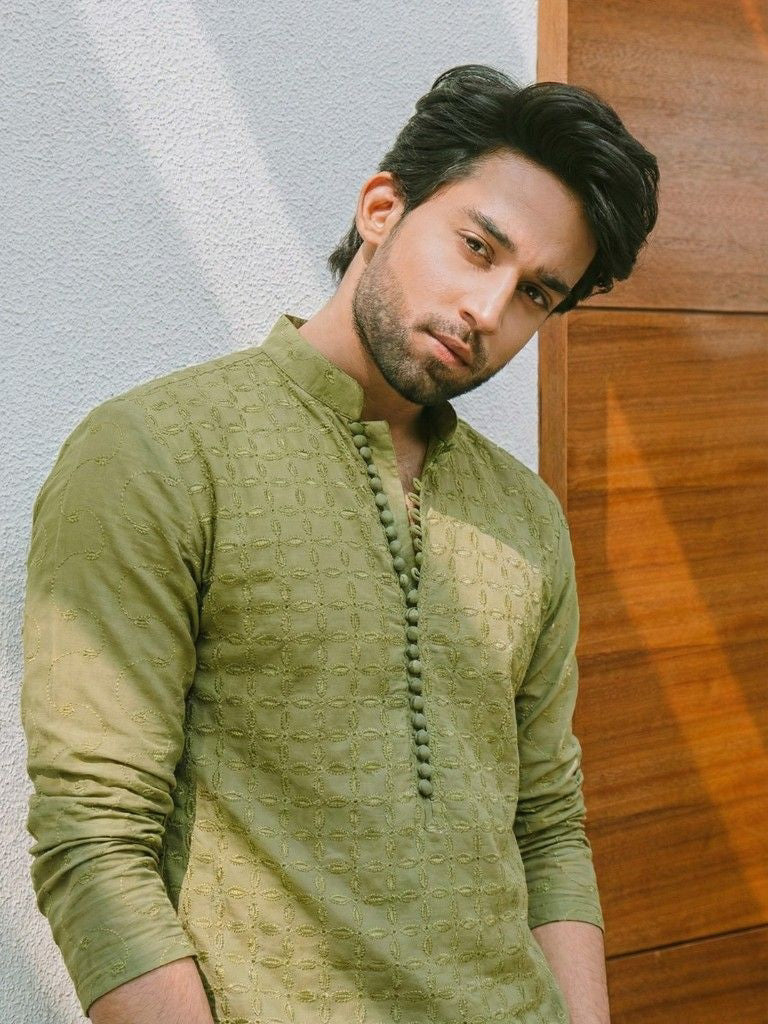 Pear Green Unstitched Chickenkari Kurta Trouser for Men