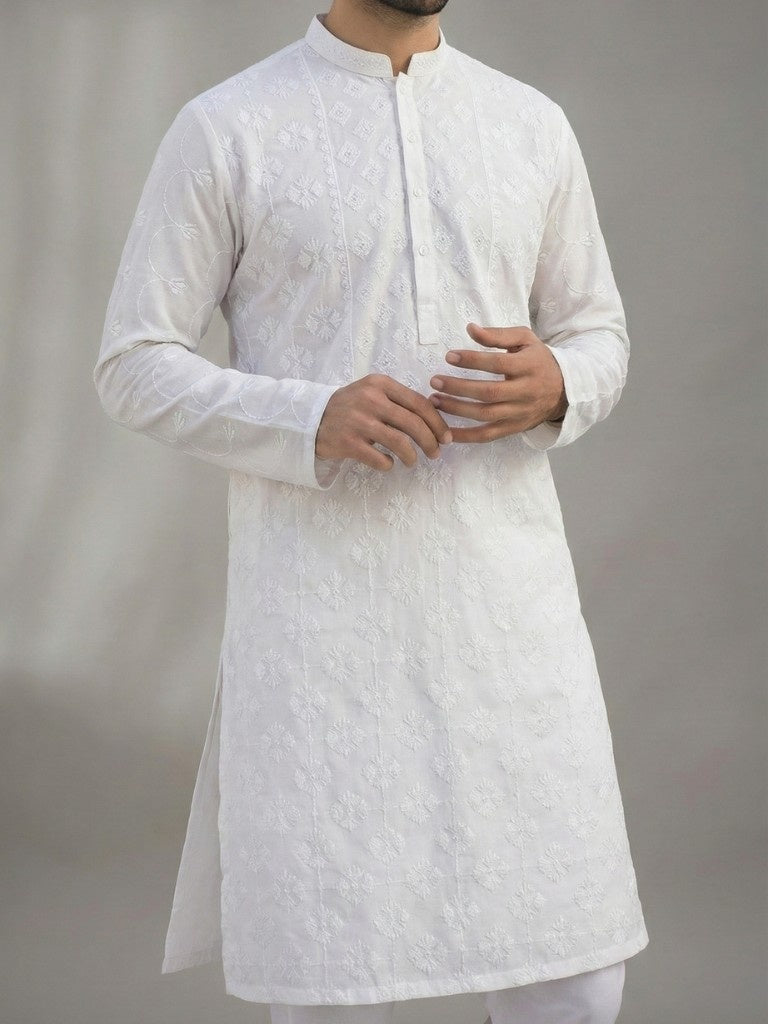 White Unstitched Chickenkari Kurta Trouser for Men