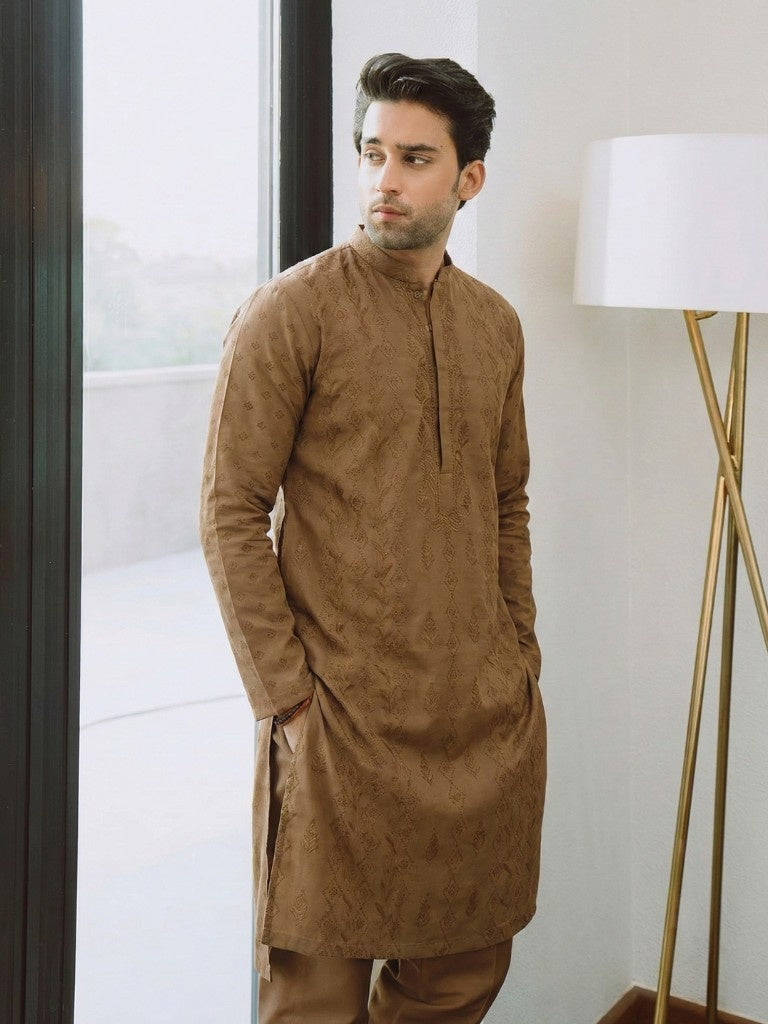 Camel Unstitched Chickenkari Kurta Trouser for Men