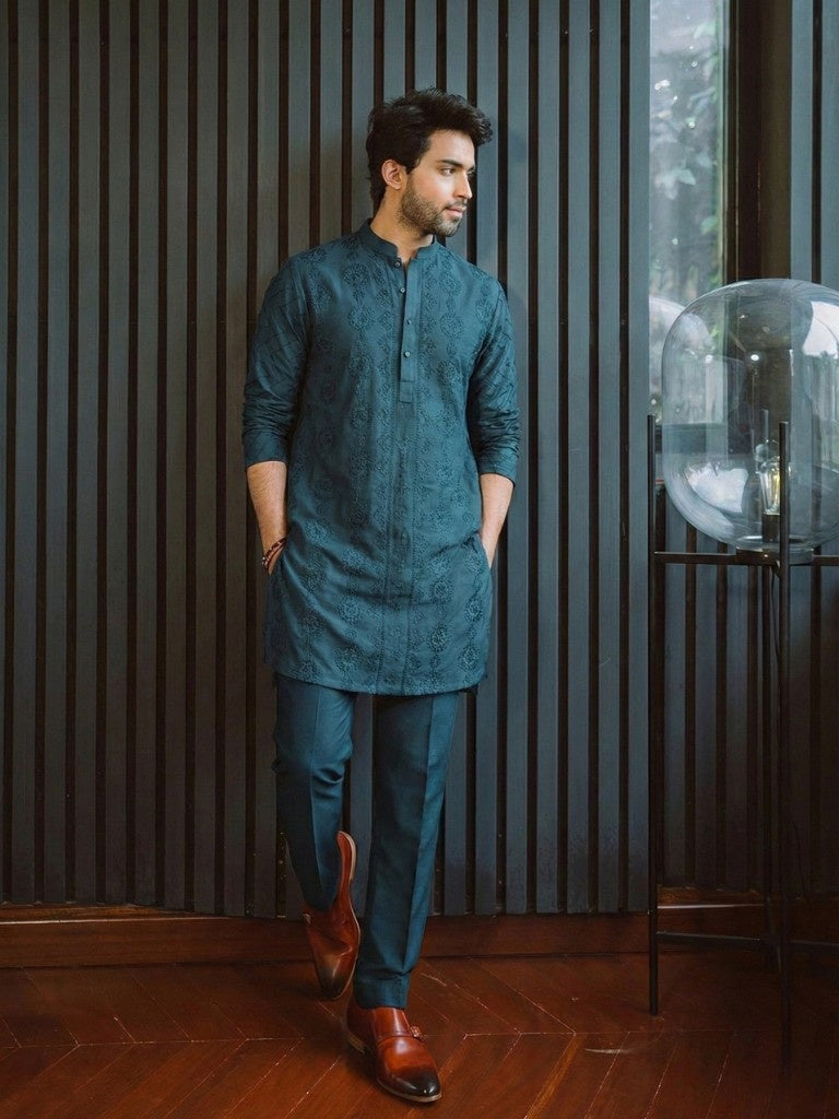 Navy Blue Unstitched Chickenkari Kurta Trouser for Men