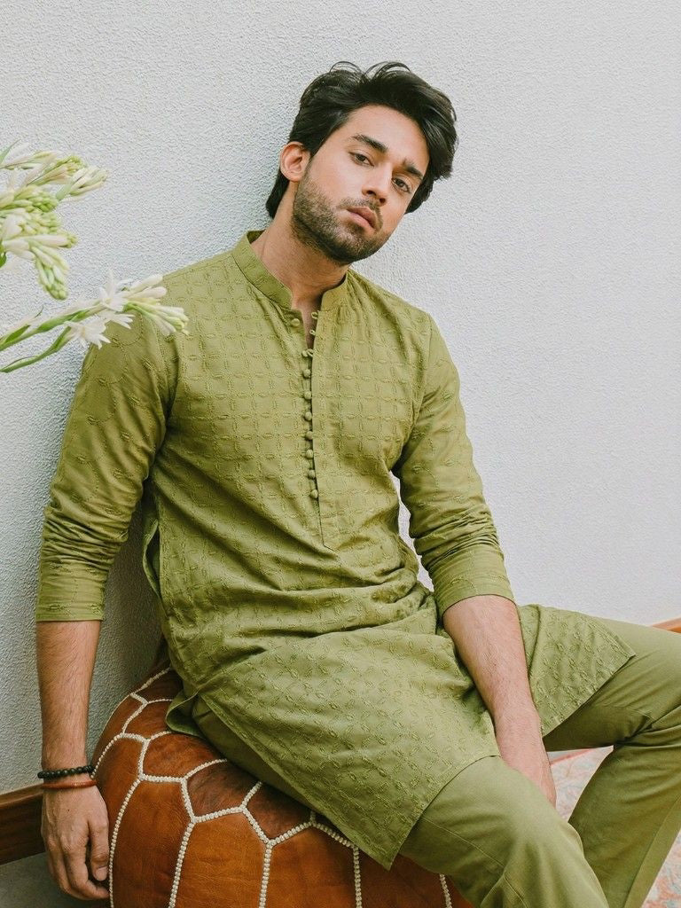 Pear Green Unstitched Chickenkari Kurta Trouser for Men