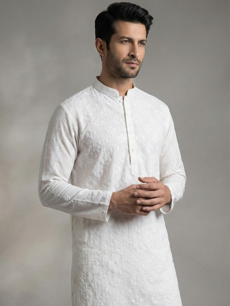White Unstitched Chickenkari Kurta Trouser for Men